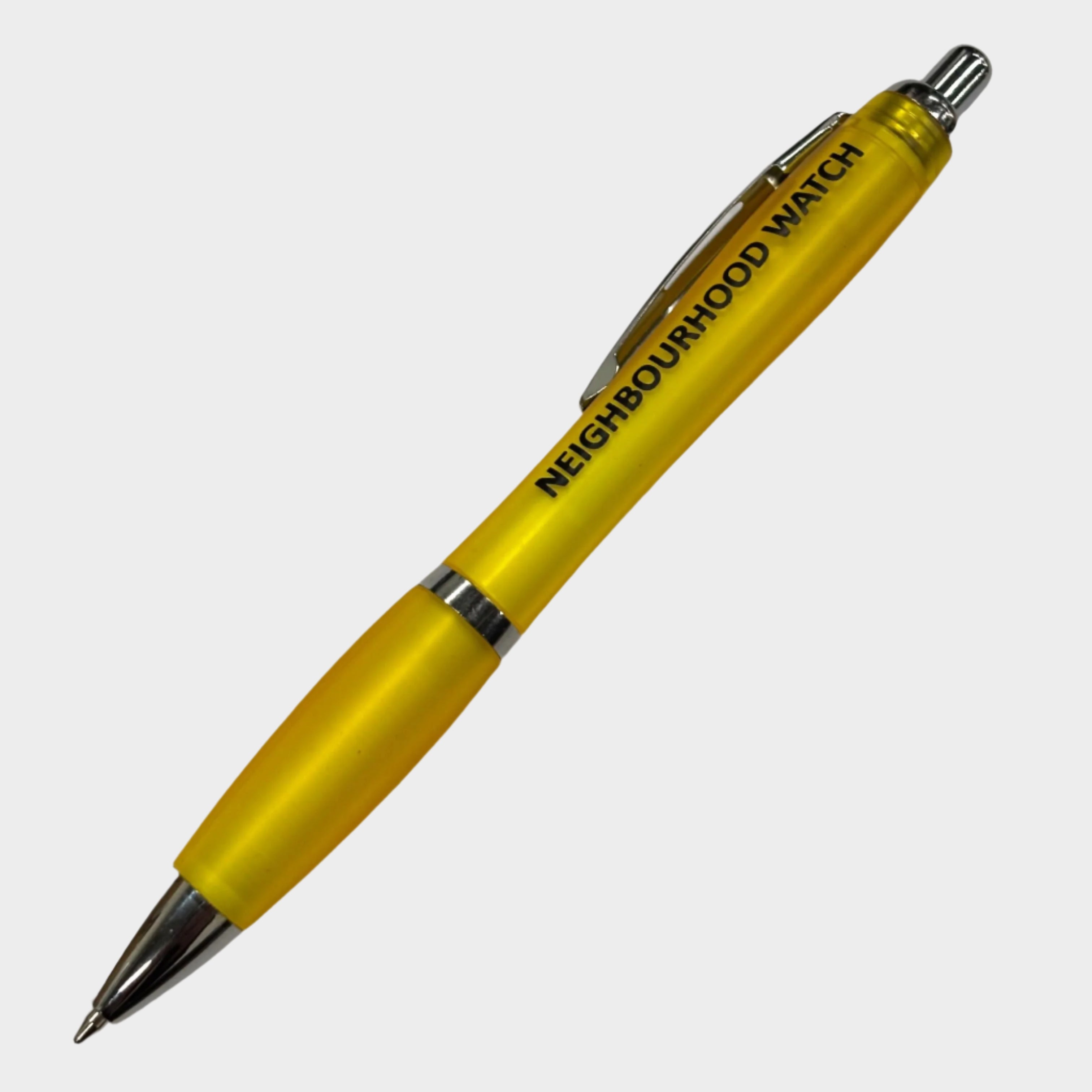 A yellow Neighbourhood Watch branded pen