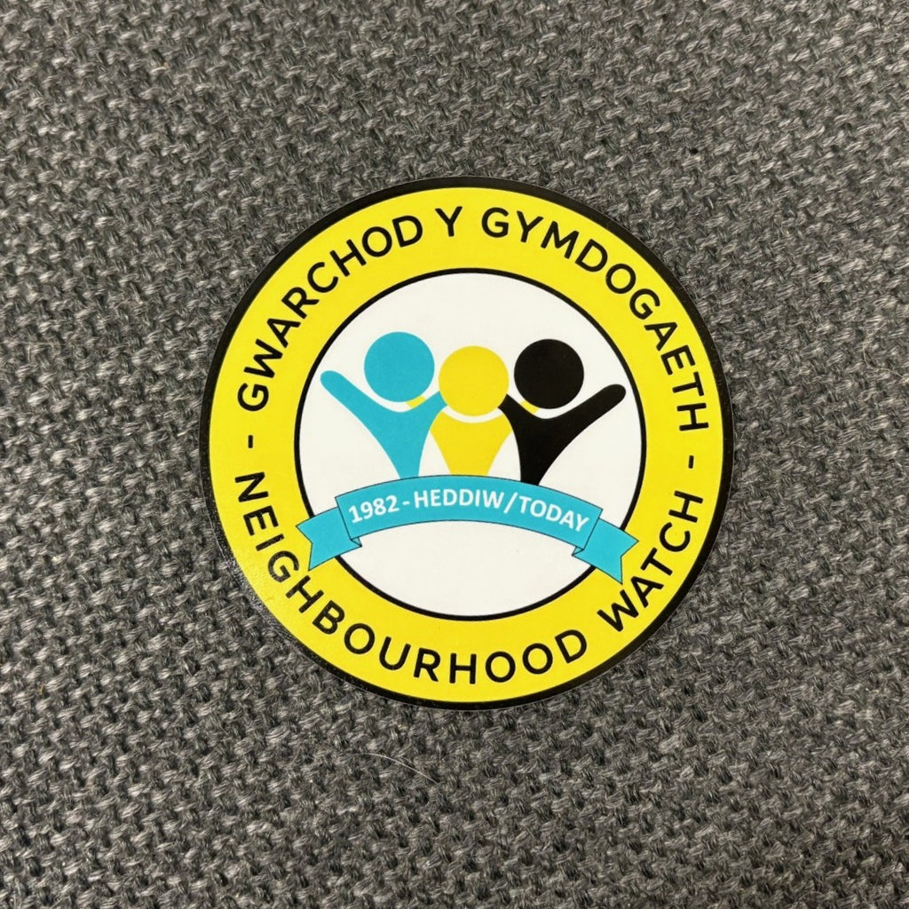 Pack of 50 Neighbourhood 'today' logo window stickers in Welsh/English, Alert logo on back