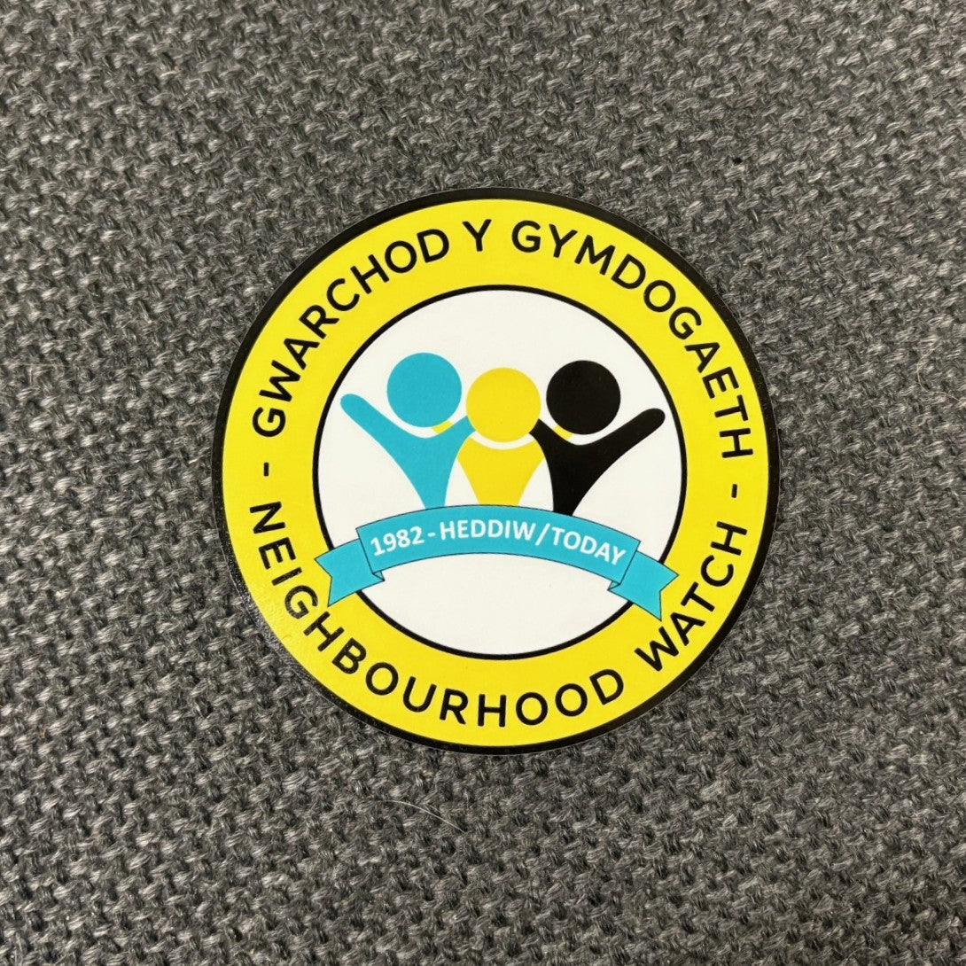 Pack of 50 Neighbourhood 'today' logo window stickers in Welsh/English, Alert logo on back