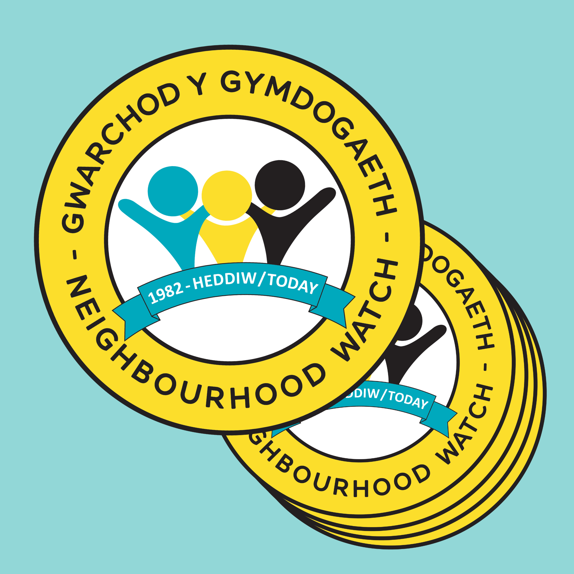 Pack of 50 Neighbourhood 'today' logo window stickers in Welsh/English, Alert logo on back