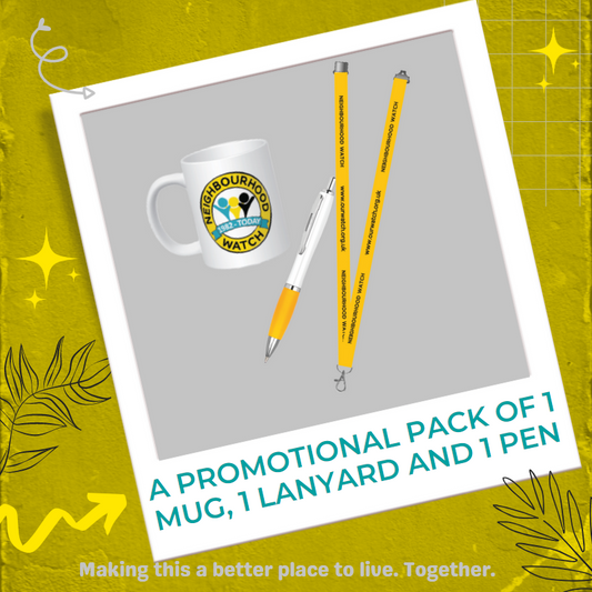 A promotional pack of 1 mug, 1 lanyard and 1 pen